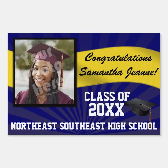 Blue and Gold Custom Photo Graduation Yard Sign (Front)