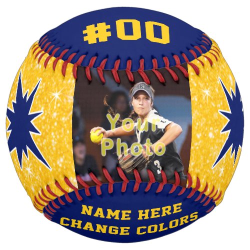 Blue and Gold Custom Softball with Picture on it