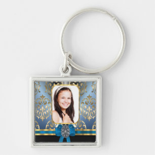 Blue and gold damask keychain