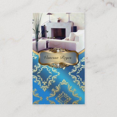 Blue and Gold Damask Photo Business Card