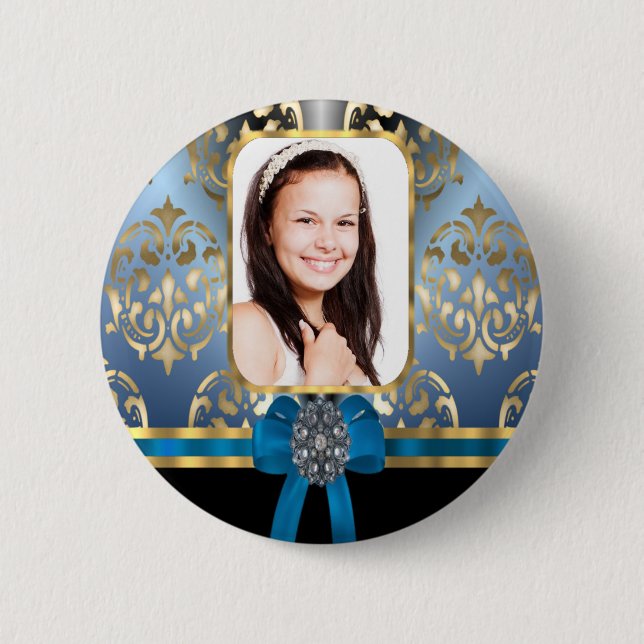 Blue and gold damask pinback button (Front)