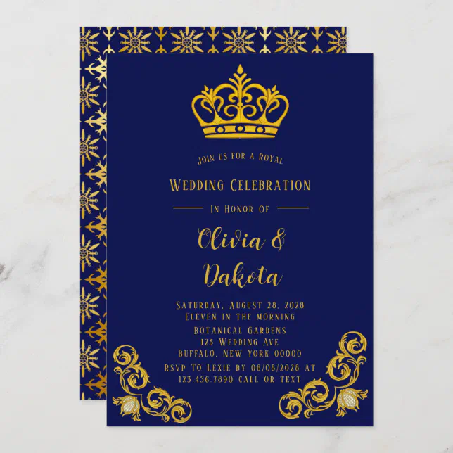 Blue And Gold Damask Royal Wedding Invitation Zazzle 7320