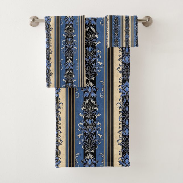 Blue and Gold Damask Stripes Bath Towel Set (Insitu)