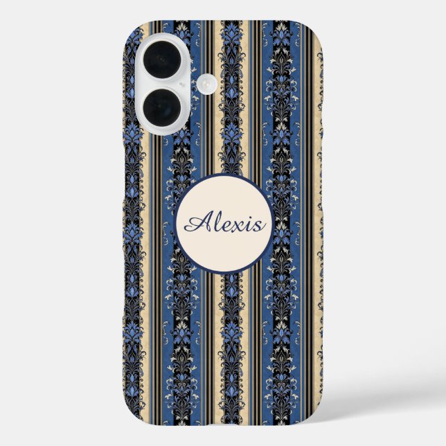 Blue and Gold Damask Stripes Case-Mate iPhone Case (Back)