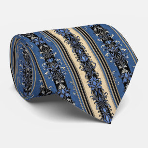 Blue and Gold Damask Stripes Neck Tie