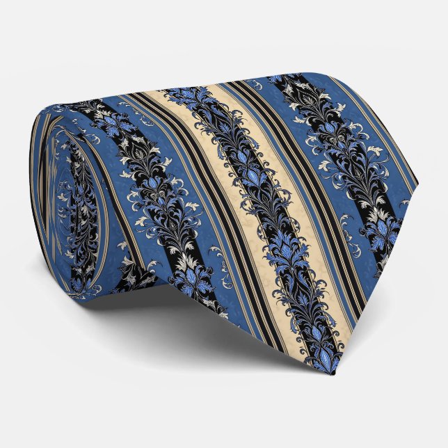 Blue and Gold Damask Stripes Neck Tie (Rolled)