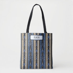 Blue and Gold Damask Stripes Tote Bag