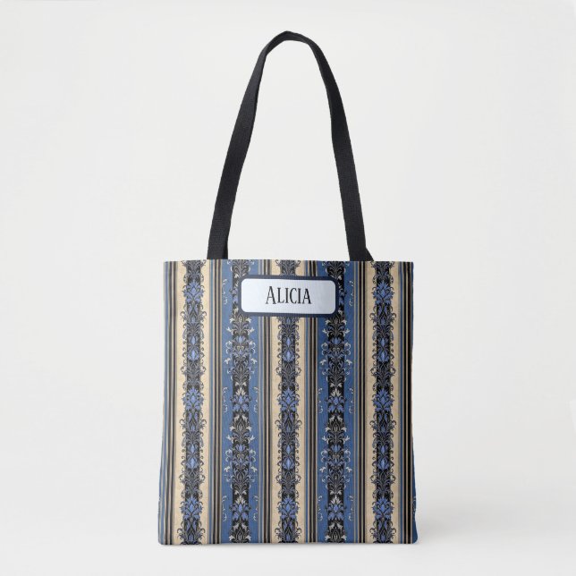 Blue and Gold Damask Stripes Tote Bag (Front)