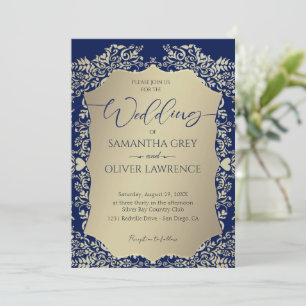 Blue and Gold Damask Wedding Invitation