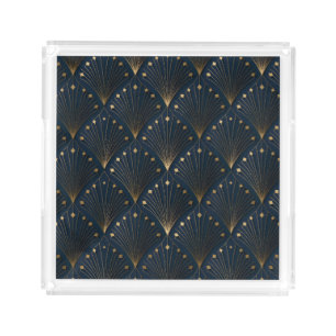 Blue And Gold Deco Pattern Acrylic Tray