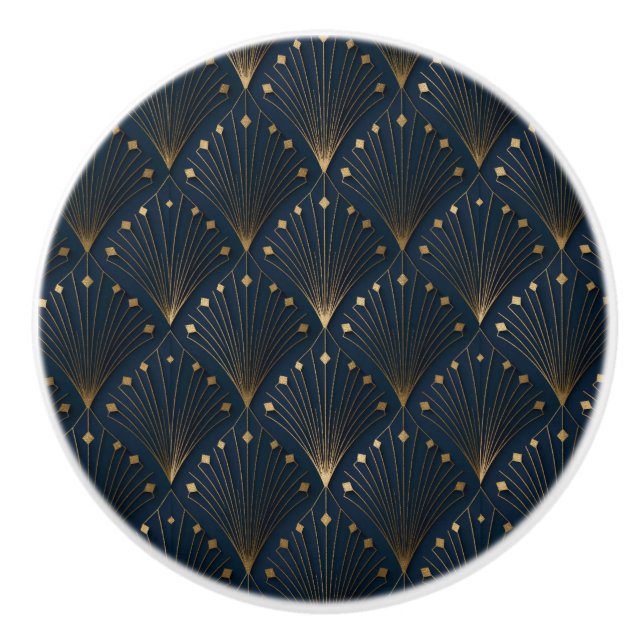 Blue And Gold Deco Pattern Ceramic Knob (Front)