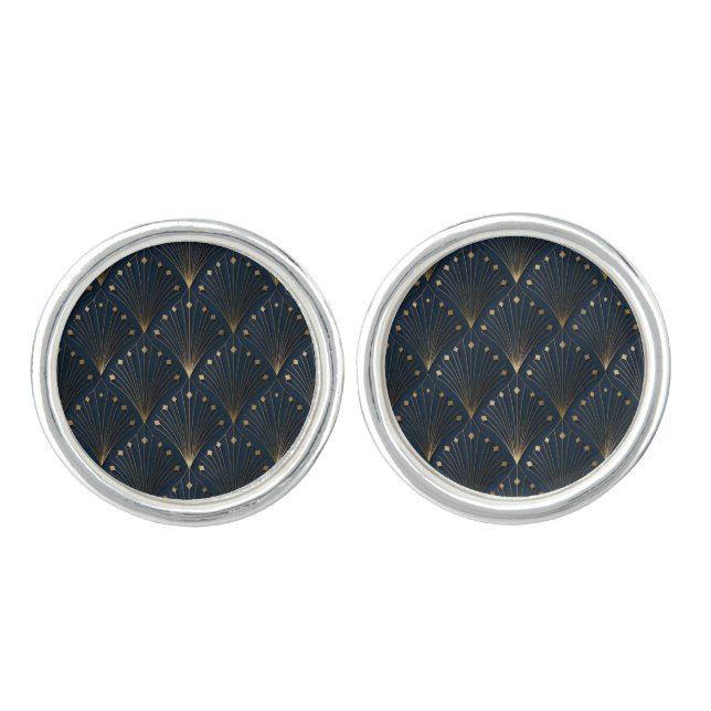 Blue And Gold Deco Pattern Cufflinks (Front)