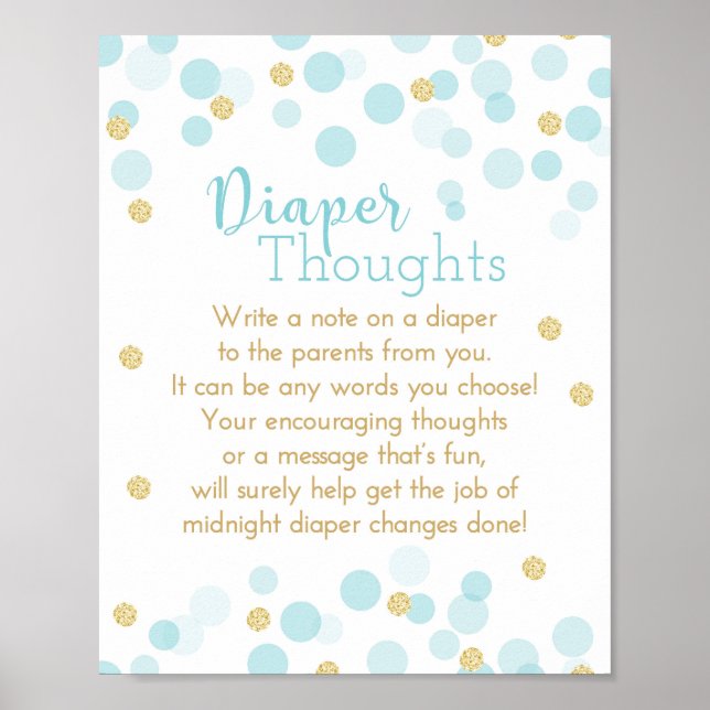 Blue and Gold Diaper Thoughts Baby Boy Shower Poster (Front)