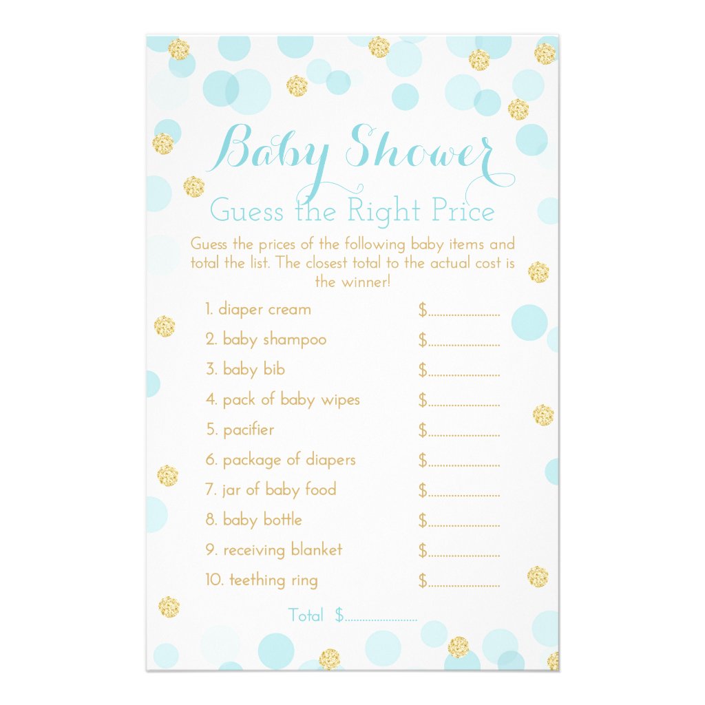 Blue and Gold Dots Baby Shower Price Game Flyer