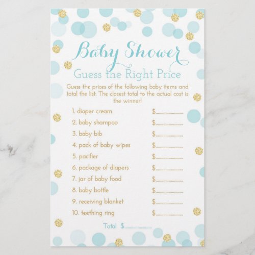 Blue and Gold Dots Baby Shower Price Game Flyer