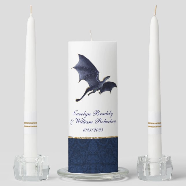 Blue and Gold Dragon Fantasy Wedding  Unity Candle Set (Front)
