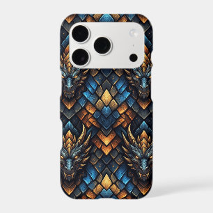 Blue and Gold Dragon Heads Geometric Scale Pattern iPhone 17 Pro Case
