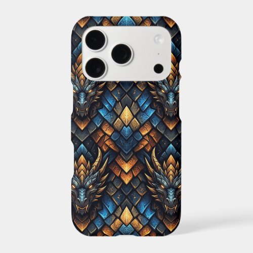 Blue and Gold Dragon Heads Geometric Scale Pattern iPhone 17 Pro Case