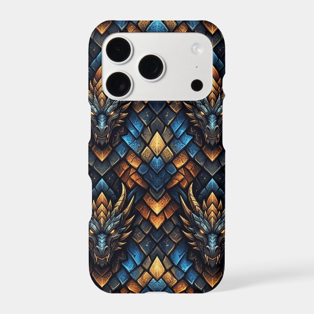 Blue and Gold Dragon Heads Geometric Scale Pattern iPhone Case (Back)