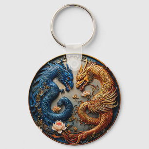 Blue and Gold Dragons in Yin Yang Design Keychain