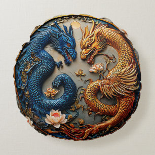 Blue and Gold Dragons in Yin Yang Design Round Pillow