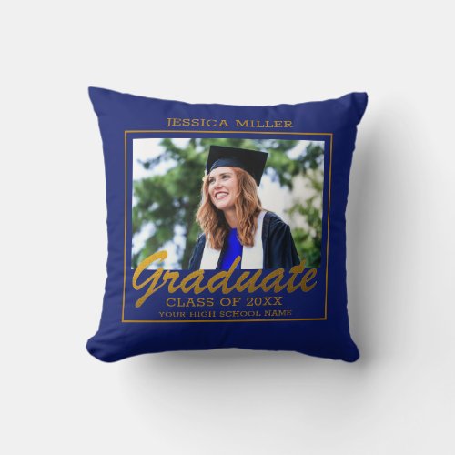 Blue And Gold Dream Big Graduation Photo Throw Pillow