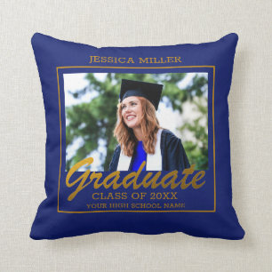 Blue And Gold Dream Big Graduation Photo Throw Pillow