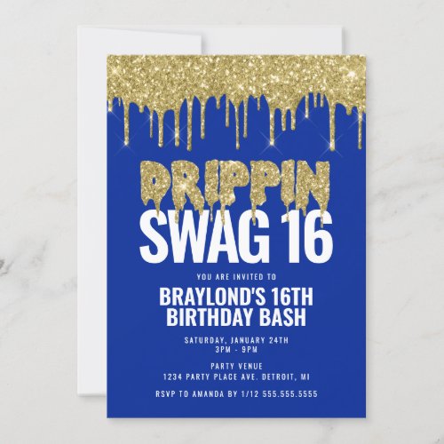 Blue and Gold Drippin Swag 16 Birthday  Invitation
