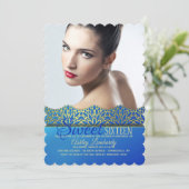 Blue and Gold Edging Photo Invitation (Standing Front)