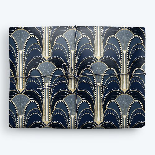 Blue and Gold Elegant Art Deco Fountain Wrapping Paper