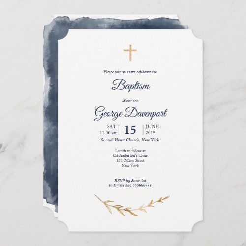 Blue  and Gold Elegant Baptism Religious event Invitation