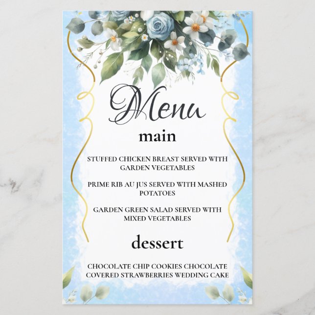 Blue and Gold Elegant Floral Rustic  Menu Card (Front)