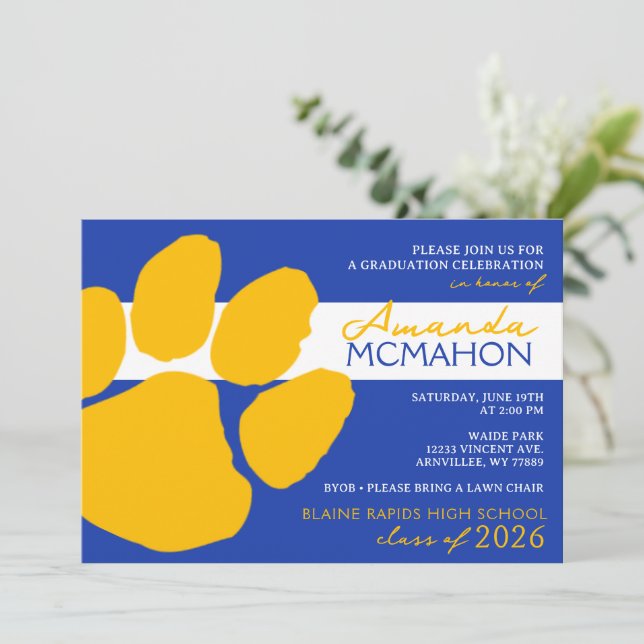 Blue and Gold Elegant Pawprint (Photo Back) Invitation (Standing Front)