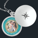 Blue and Gold Elegant Photo Wedding Keepsake Locket Necklace<br><div class="desc">Beautiful sterling silver locket to personalize with your own photograph and text making a unique gift for yourself or someone close. Your photo is set within an ornate blue and gold round surround against a blue background with tiny heart pattern. Makes a beautiful keepsake for a special occasion.</div>