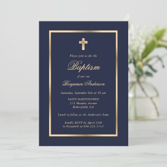 Blue and Gold Elegant Script Boy Baptism Invitation | Zazzle