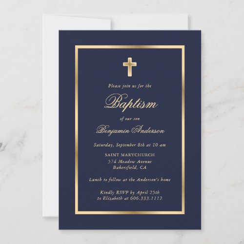 Blue and Gold Elegant Script Boy Baptism Invitation