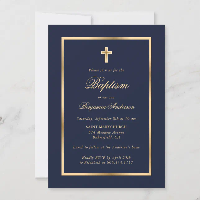 Blue and Gold Elegant Script Boy Baptism Invitation | Zazzle