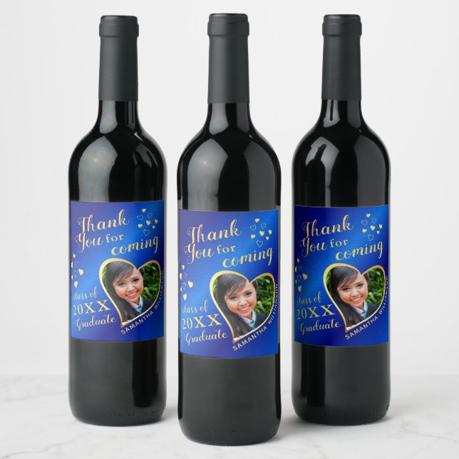 Blue and Gold Elegant Thank You 2025 Graduation Wine Label (Bottles)