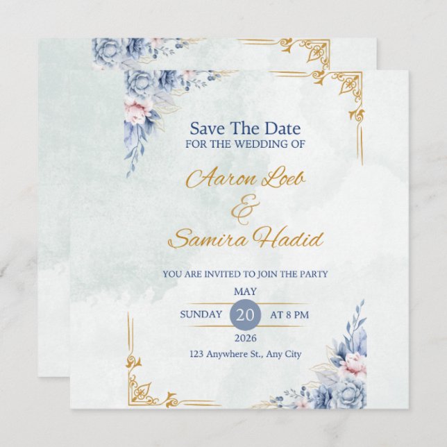 Blue and Gold Elegant Wedding Invitation (Front/Back)