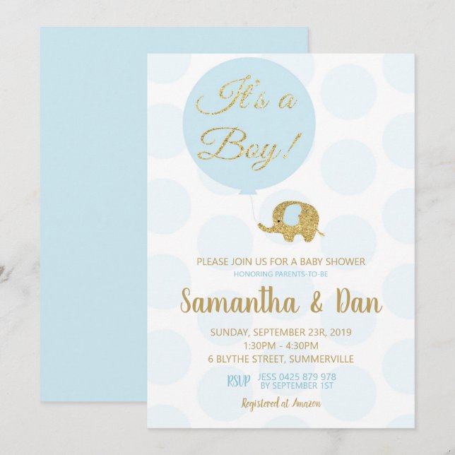 Blue and Gold Elephant Baby Shower Invitation Boy (Front/Back)