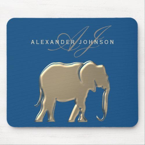 Blue and Gold Elephant Monogram Mouse Pad