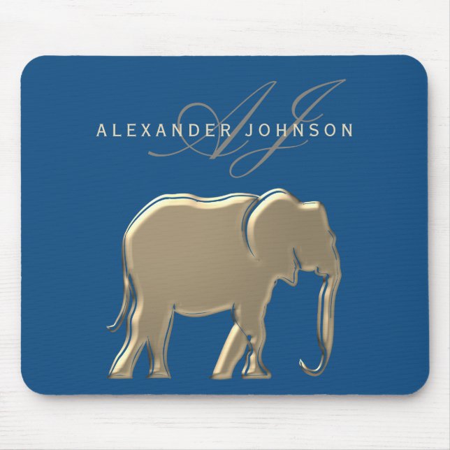 Blue and Gold Elephant Monogram Mouse Pad (Front)