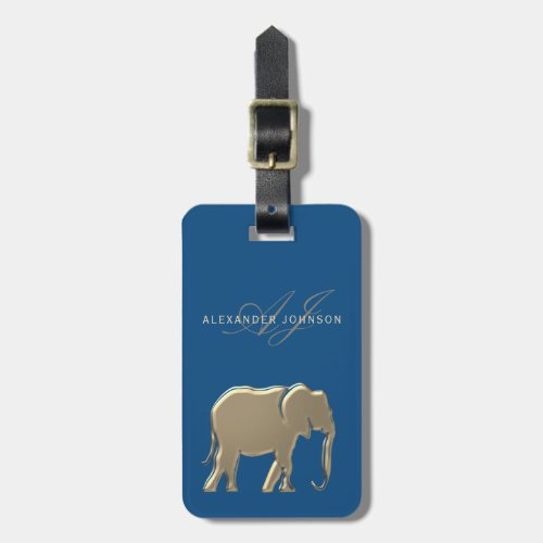 Blue and Gold Elephant Monogrammed Luggage Tag