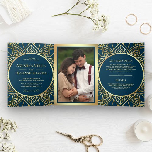Blue and Gold Ethnic Mandala Indian Wedding Tri_Fold Invitation