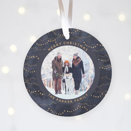 Blue and Gold Fairy Lights  Two Family Photos Ornament
