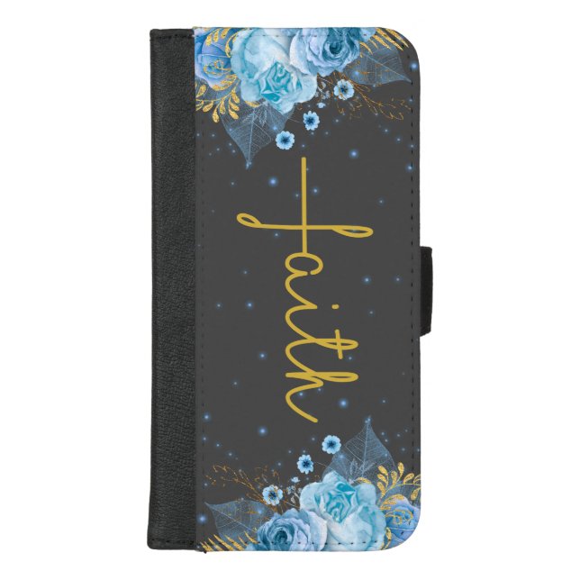 Blue and Gold Faith Cross iPhone Wallet Case (Front)