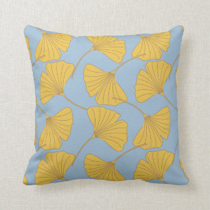 Blue and Gold Fall Ginkgo Ginko Biloba Leaves Throw Pillow