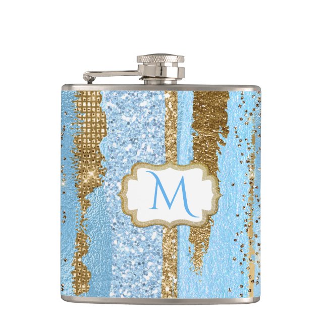 Blue and Gold Fancy Monogrammed Flask (Front)