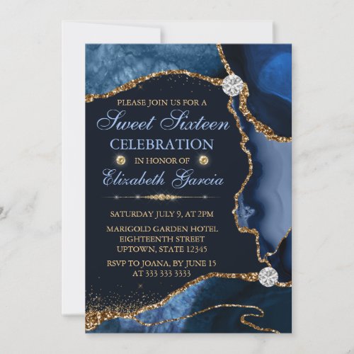 Blue and Gold Faux Glitter Agate Sweet Sixteen Invitation