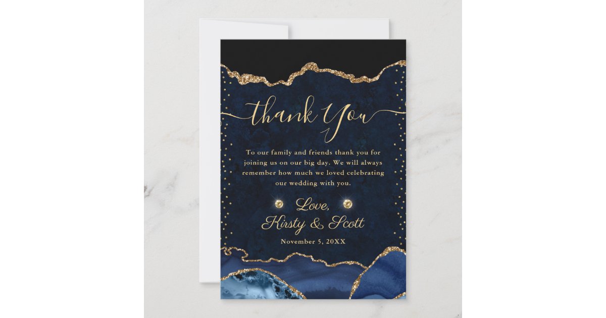 Blue and Gold Faux Glitter Agate Wedding Thank You Card | Zazzle